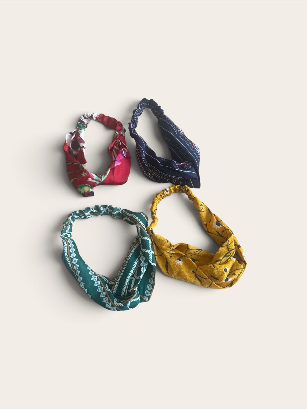 Four-Pack Patterned Knotted Elastic Headbands in Red, Navy, Teal, and Mustard